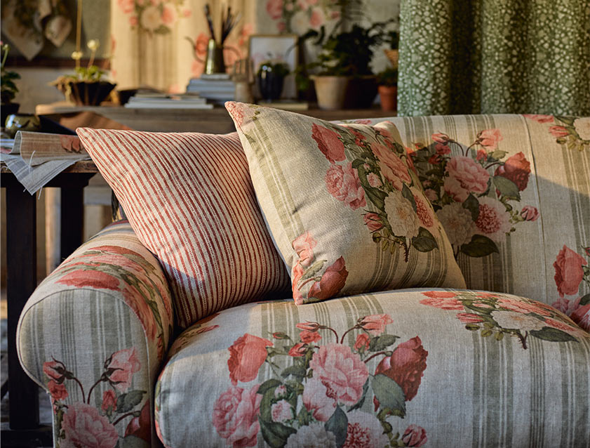 Walberswick 3 seater sofa in Spill Resistant RHS Etta's Bouquet Sunset Moss with scatters in Sussex Stripe